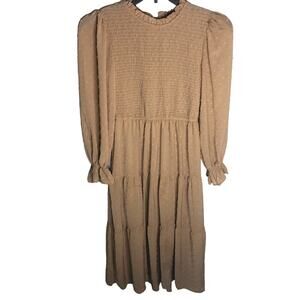 By The River Peasant Prarie Style Smocked Dress Tiered Skirt Taupe Small